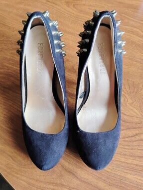 Forever 21 Black Suede Pointed Pumps with Gold Spike Studs